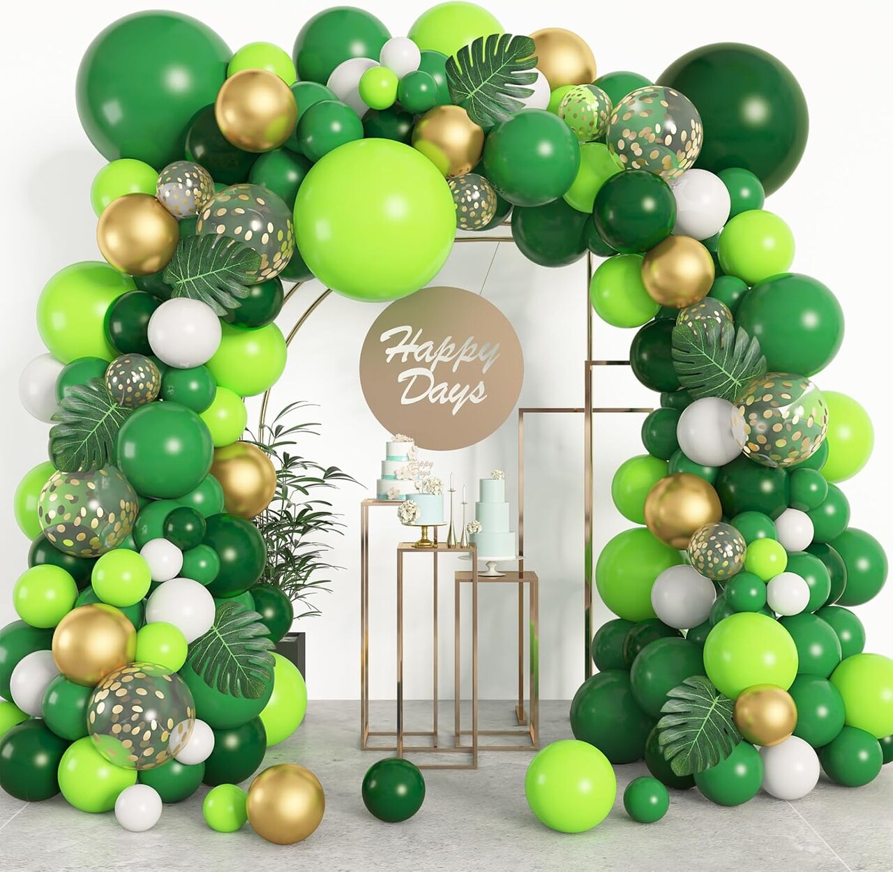 163Pcs Jungle Party Balloons Garland Arch Kit, Gold Lime Green Balloons with Artificial Tropical Palm Leaves for Dinosaur Safari Decorations Wild One Birthday St Patricks Day Party Supplies